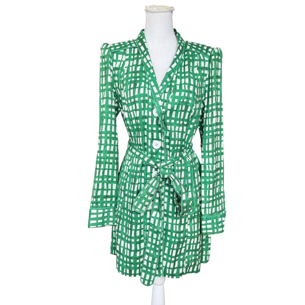 Cabi Green White Grid Print Linen Blend Belted Topper Jacket Style 6025 Womens M